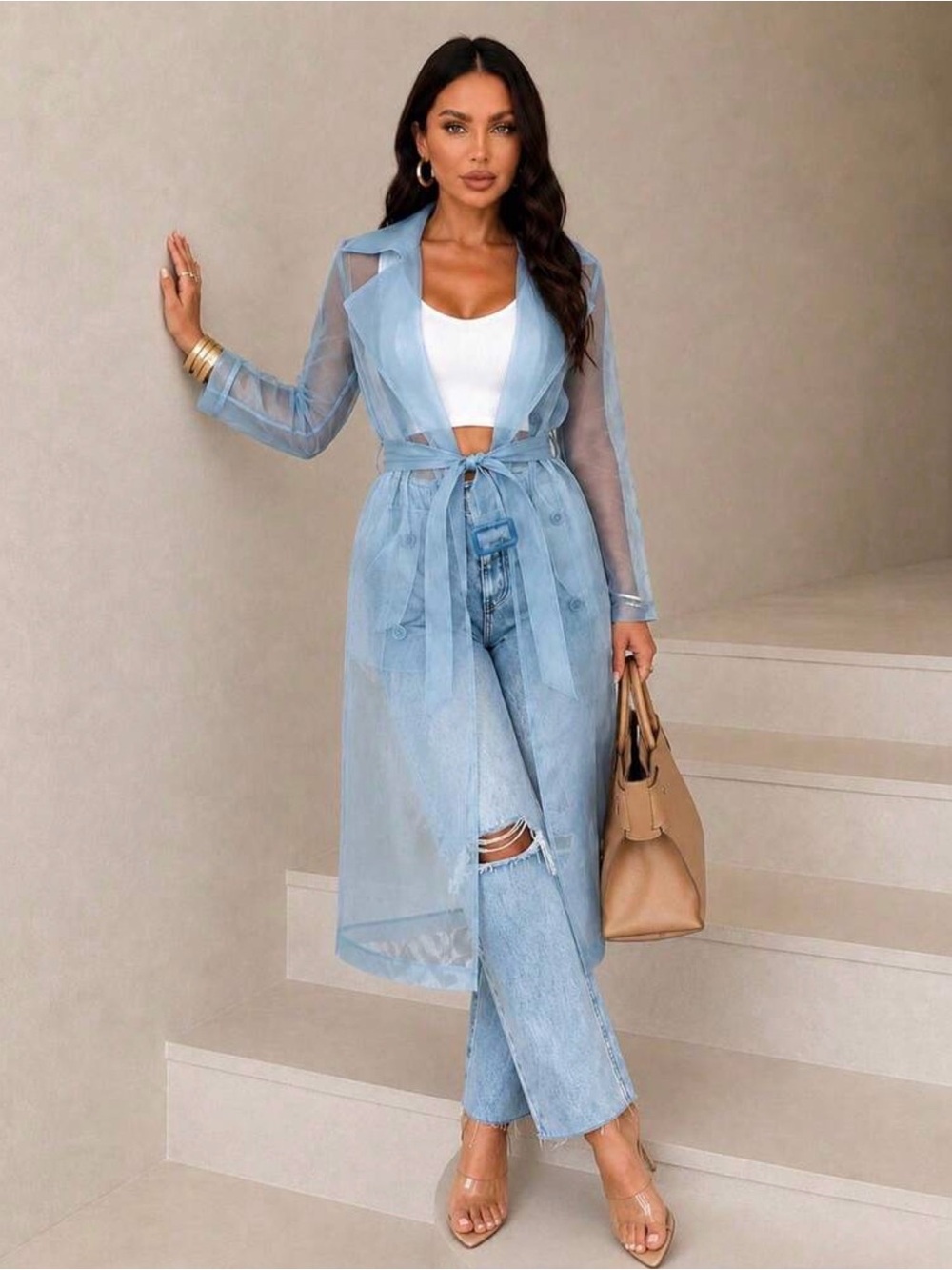 Sheer Light Blue Trench Duster Coat